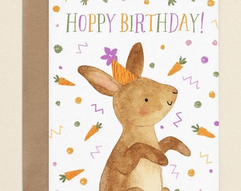 Bunny Birthday Card, Kid's Birthday Cards, Watercolor Cute Animal Cards for Children, Kids Easter Bunny Bday Card Gift, Funny Birthday Card