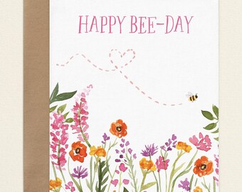 Flowers & Bees Birthday Card, Happy Birthday Card Set, Watercolor Florals B-day Card, A2 Blank Folded Card for Birthday with envelopes