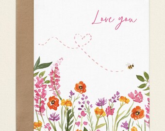 I Love You Card, Love Anniversary Card, Love You Mom, Mother's Day Note Card Set, Watercolor Flower Cute Card for Girlfriend, Spouse, Wife