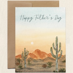 Carte de fête des pères cactus du désert, carte de voeux aquarelle désert du sud-ouest pour papa, jeu de cartes de correspondance vierges A2 paysage de montagne