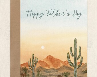 Desert Cactus Father's Day Card, Watercolor Southwest Desert Greeting Card for Dad, Mountain Landscape A2 Blank Folded Note Card Set