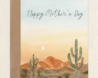 Desert Cactus Mother's Day Cards, Watercolor Mountain Desert Landscape Note Cards for Mom, A2 Blank Folded Greeting Card Set & Envelopes