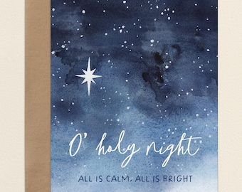 O Holy Night Christmas Card, Watercolor Nativity Cards, Illustrated Star of Bethlehem Christian Christmas Greeting Card, Religious Note Card