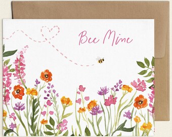 Floral Valentine's Cards, Flowers & Bee Note Cards for Valentine's Day, Be Mine Card for Girlfriend, Wife, Spouse, I love you Card Set