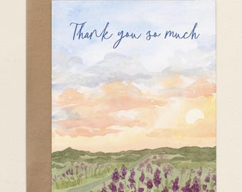 Thank You Floral Meadow Note Cards, Watercolor Wildflower Field Scenery Thank You So Much Greeting Card with Envelopes A2 Folded Blank Card