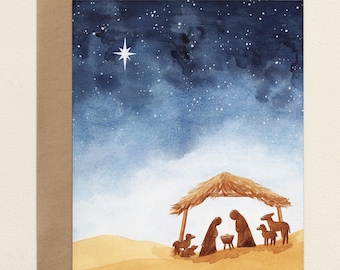 Nativity Card, Watercolor Nativity Christmas Cards, Christian Christmas Greeting Card Set, Illustrated Manger Scene A2 Blank Folded Cards