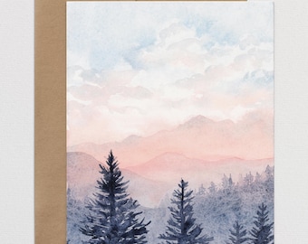 Mountain Landscape Note Cards, Watercolor Scenery Greeting Card with Envelopes, A2 Folded Blank Card, Thank You Stationary Any Occasion Card