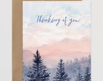 Thinking of You Cards, Watercolor Mountains Sympathy Card, A2 Folded Nature Note Cards, Illustrated Botanical Greeting Card, Blank Inside