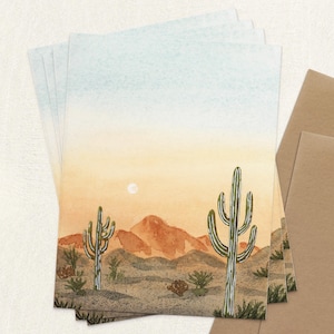 Desert Cactus Note Cards, Watercolor Sunset Desert Landscape Greeting Card Set, A2 Folded Blank Card Thank You Birthday Any Occasion Card