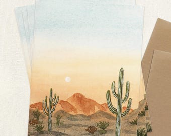 Desert Cactus Note Cards, Watercolor Sunset Desert Landscape Greeting Card Set, A2 Folded Blank Card Thank You Birthday Any Occasion Card