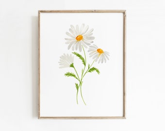 Watercolor Daisy Art Print, Hand-Painted Daisies April Birth Flower Wall Art, Birth Month Flower Gift
