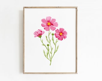 Watercolor Cosmos Flower Art Print, Hand-Painted Pink Cosmos October Birth Flower Wall Art, Birth Month Flower Gift