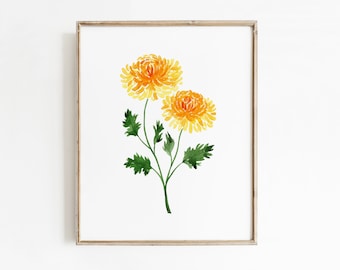 Watercolor Chrysanthemum Flower Art Print, Hand-Painted Mums Floral November Birth Flower Wall Art, Birth Month Flowers Gift