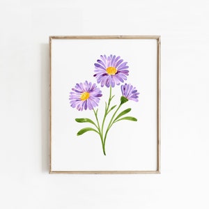 Watercolor Aster Flower Art Print, Hand-Painted Purple Asters September Birth Flower Wall Art, Birth Month Flower Gift
