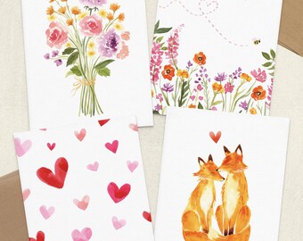 Valentine's Cards Set of 4, Watercolor Cute Valentine's Note Cards, I love you Cards, Thinking of You, Romantic Card Set for Anniversary