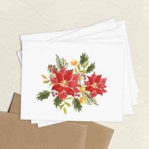 Carte de voeux bouquet de poinsettias, lot de cartes florales de Noël, cartes de correspondance et enveloppes de fleurs aquarelles Joyeuses fêtes A2 fleur vierge pliée
