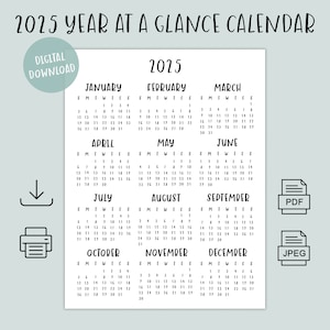 Calendario de un vistazo del año 2025, descarga del calendario en PDF de una sola página, calendario anual 2025 imprimible, plan de año completo digital en PDF tamaño carta