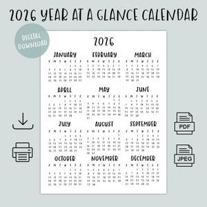 May include: A black and white 2026 year-at-a-glance calendar with monthly layouts. The calendar includes the text "2026 YEAR AT A GLANCE CALENDAR" and "DIGITAL DOWNLOAD". PDF and JPEG icons are also present.