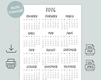 2026 Year at a Glance Calendar, Single Page PDF Calendar download, 2026 Yearly Calendar Printable, Letter Size PDF Digital Full Year Plan