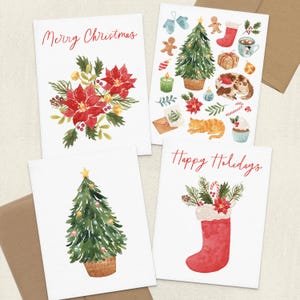 Holiday Cards Set, Christmas Greeting Cards with Envelopes, Watercolor Handmade Card, Blank Folded Note Cards Set of 12, 8, or 4