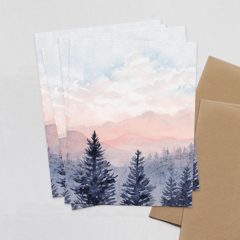 Mountain Landscape Note Cards, Watercolor Scenery Greeting Card With ...