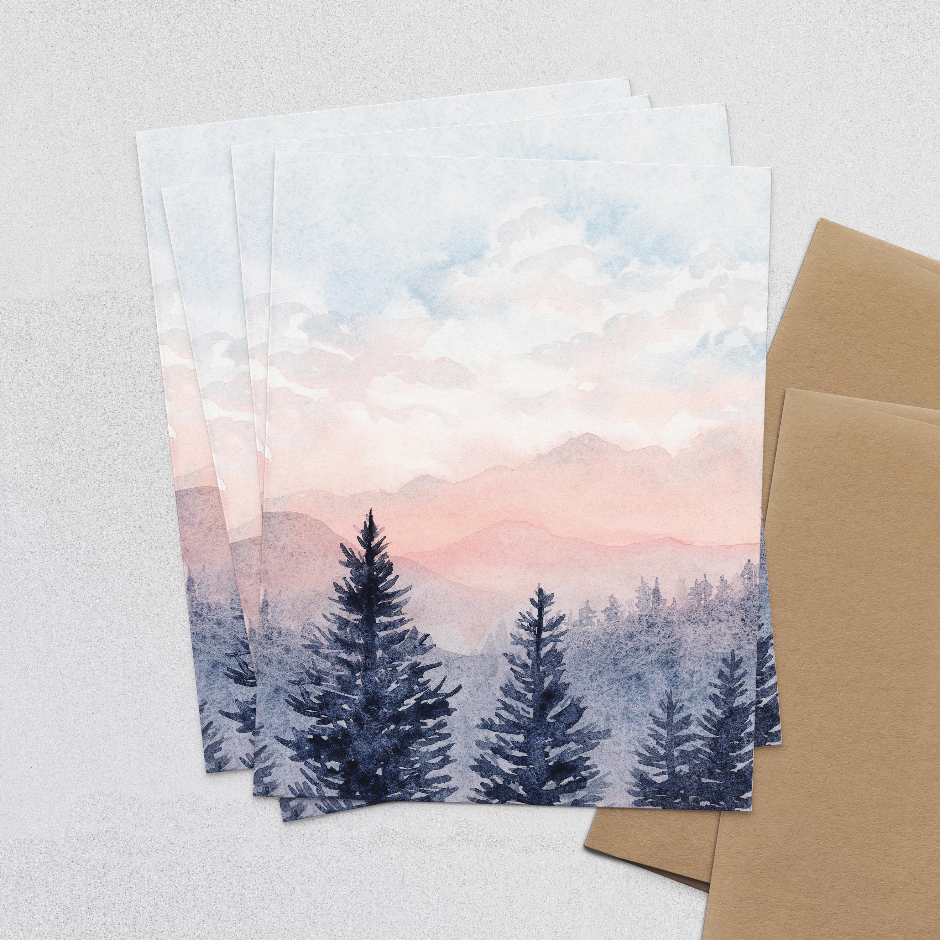 Mountain Landscape Note Cards, Watercolor Scenery Greeting Card With ...