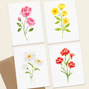 Notecards Set, Floral Cards Set of 4, Wildflower Greeting Card Set, Watercolor Flower Note cards, Handmade Stationary Pack with Envelopes