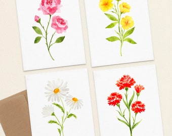 Notecards Set, Floral Cards Set of 4, Wildflower Greeting Card Set, Watercolor Flower Note cards, Handmade Stationary Pack with Envelopes