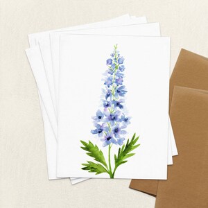 Cartes de correspondance Delphinium, jeu de cartes aquarelle pied d'alouette delphinium, cartes de voeux fleurs vierges pliées A2, papeterie d'anniversaire florale de remerciement