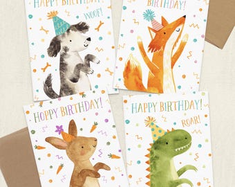 Cute Animal Birthday Cards, Kid's Birthday Cards Set, Illustrated Fox, Dog, Bunny, Dinosaur, Funny Children's Birthday Cards with Envelopes