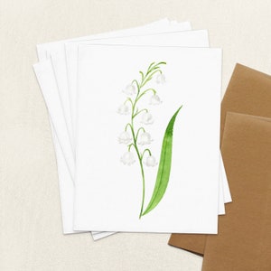 Cartes de correspondance de muguet, cartes de voeux fleurs vierges pliées A2 lys aquarelles, cartes de remerciement et enveloppes florales blanches d'anniversaire