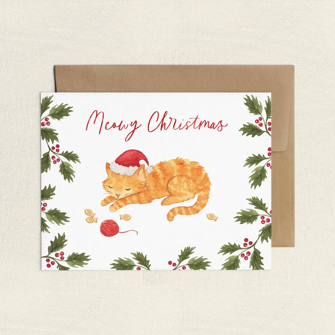 Cat Christmas Cards, Meowy Christmas Greeting Card, Holiday Card Set ...