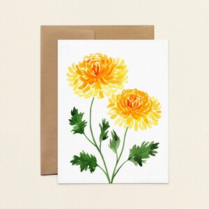 Cartes de correspondance chrysanthèmes, jeu de cartes aquarelle chrysanthèmes, cartes de voeux fleurs vierges A2 pliées, carte de remerciement floral anniversaire novembre