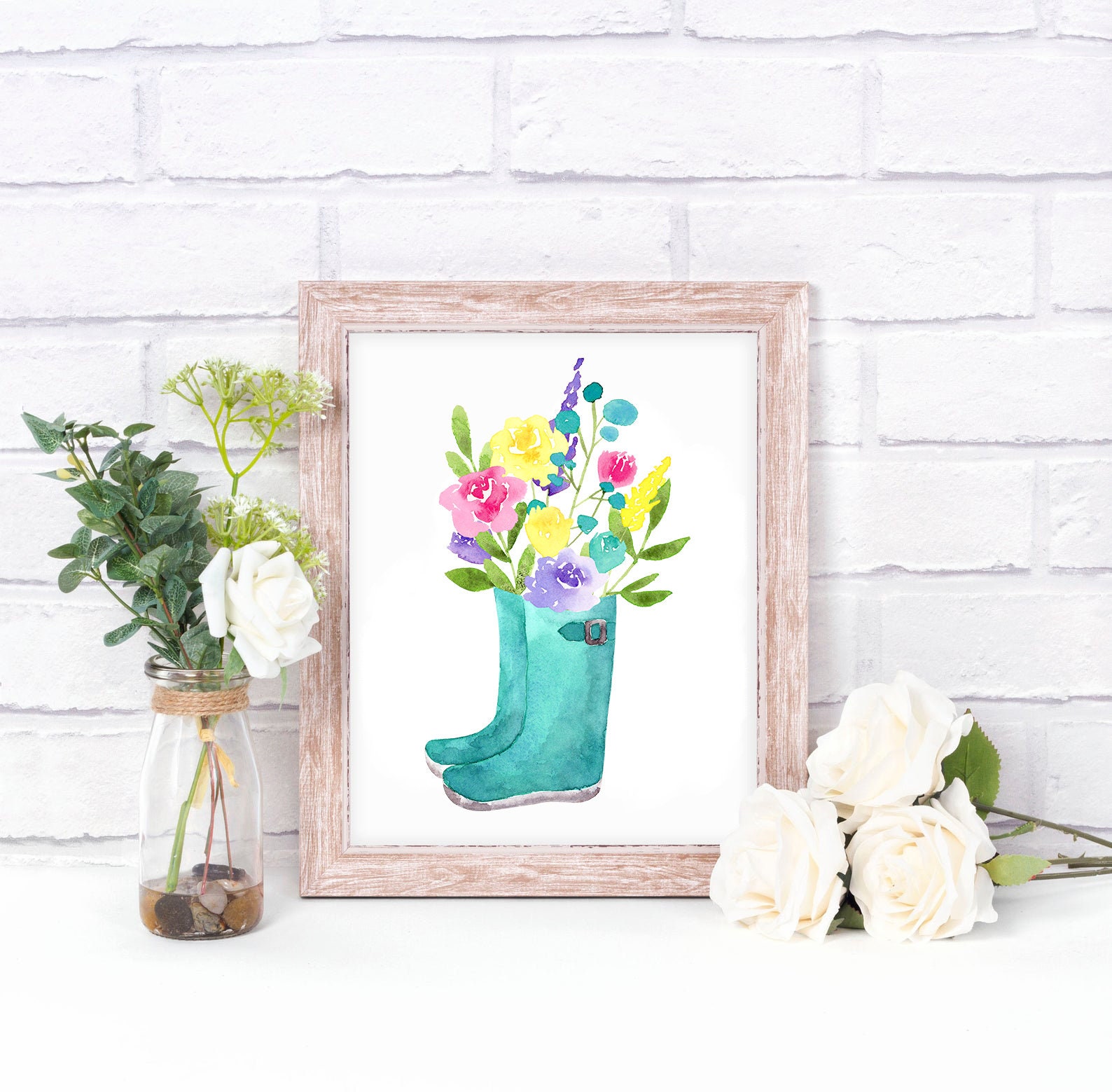 Spring Floral Boots Wall Art, Spring Wall Art, Watercolor Floral Wall