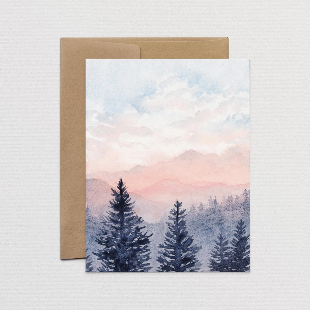 Mountain Landscape Note Cards, Watercolor Scenery Greeting Card With ...