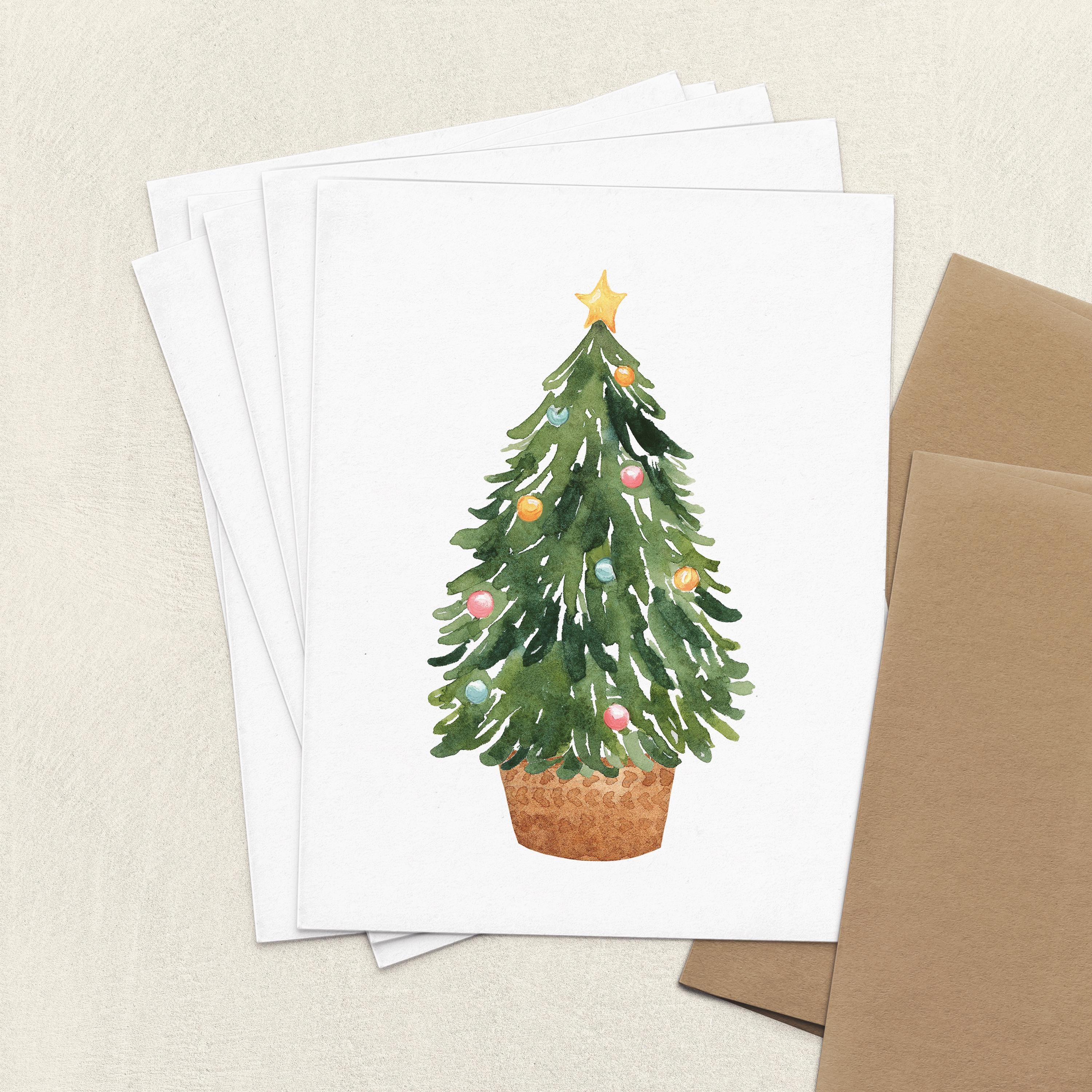 Christmas Tree Card, Watercolor Pine Tree Greeting Card Set, Holiday ...