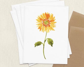 Sunflower Greeting Cards, Watercolor Sunflower Card Set, A2 Folded Blank Flower Note Cards, Birthday Floral Thank You Card Set of 4, 6, 8