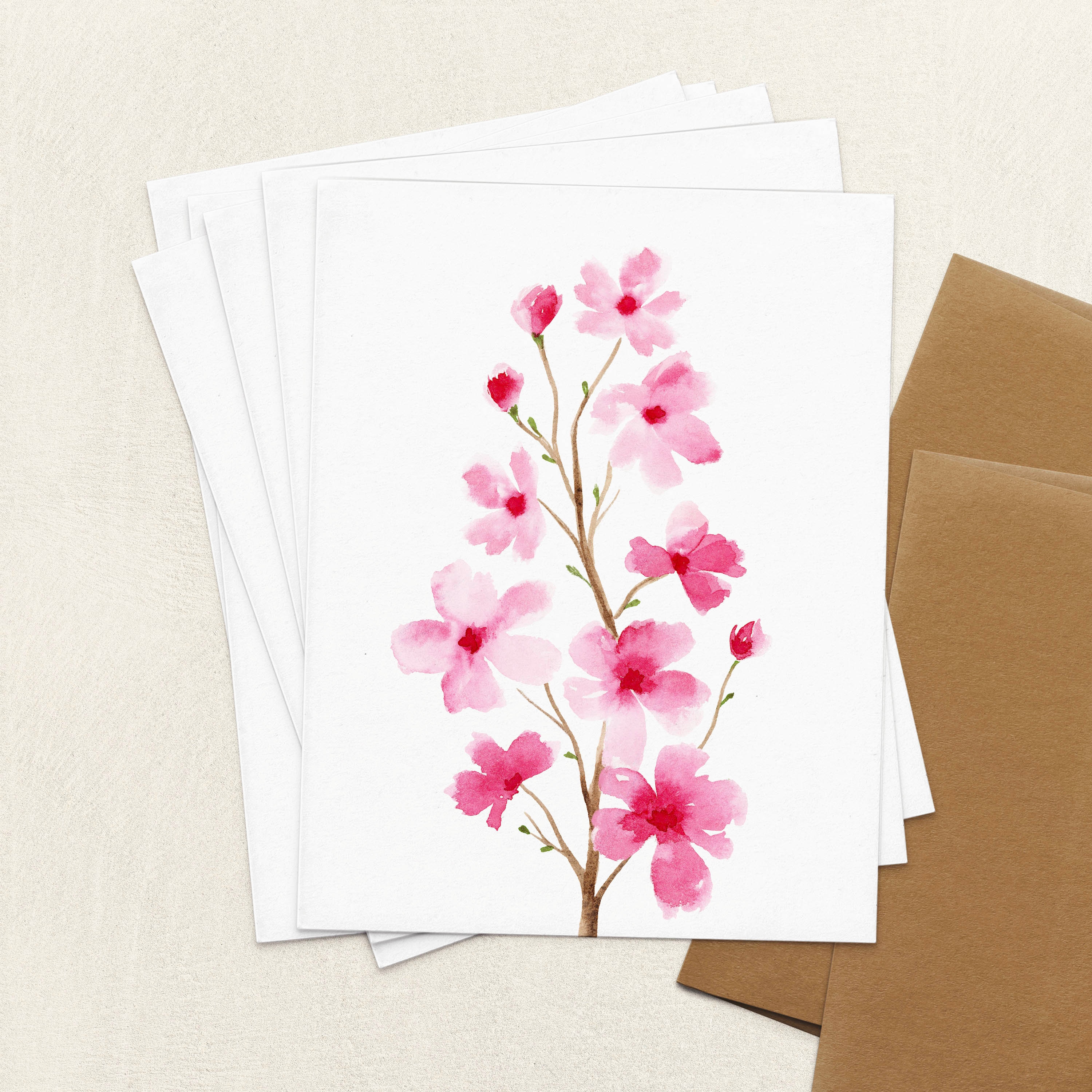 Cherry Blossom Note Cards, Watercolor Cherry Blossom Card Set, A2 ...