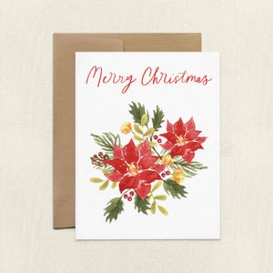 Merry Christmas Cards, Holiday Greeting Card Set, Watercolor Floral Poinsettia Handmade Cards, Holly MistleToe, Blank Cards with Envelopes