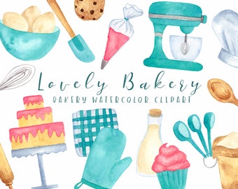 Lovely Bakery Clipart Set, Watercolor Baking Clip Art, Sweet Clipart, Baking Supplies PNG