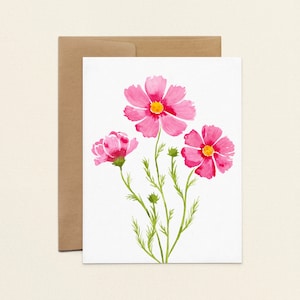 Cartes de correspondance Cosmos, jeu de cartes cosmos aquarelles, cartes florales roses, carte de voeux pliée fleur vierge A2 d'anniversaire, merci et enveloppe