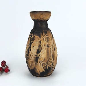 Antique handmade ceramic flower vase with embossed floral decor