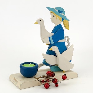 Vintage handmade wood Candlestick holder with girl figurine