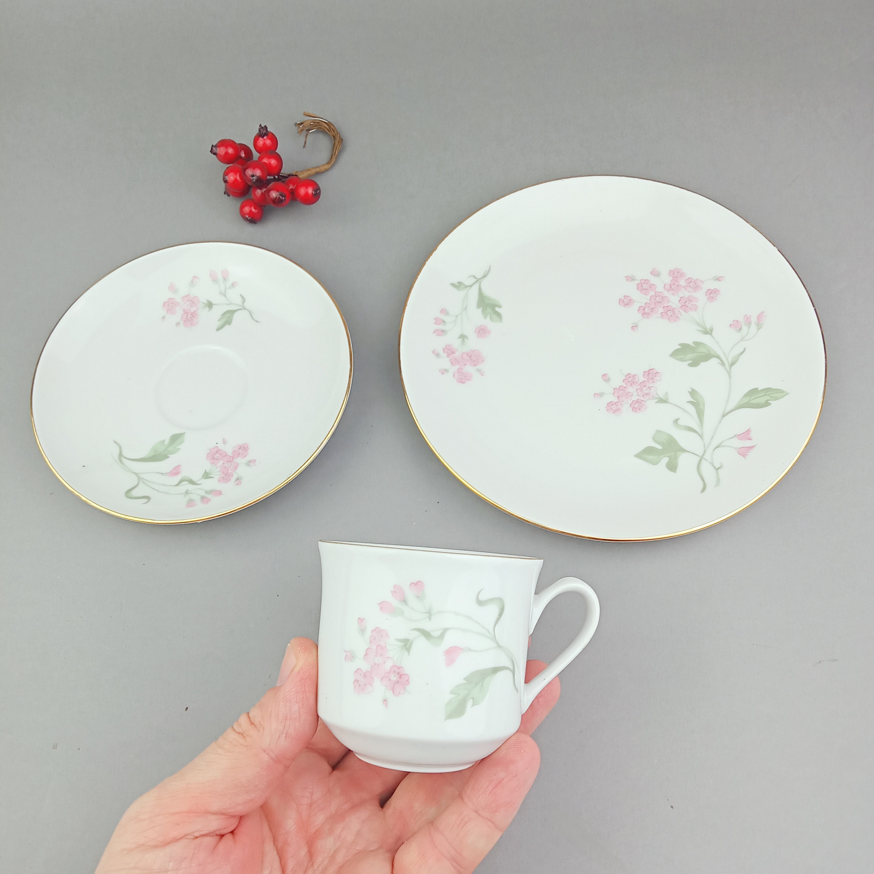 ボヘミアのヴィンテージの美しい白磁カップ、ソーサー、プレートの