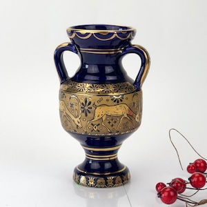 Vaso vintage feito à mão em azul cobalto e dourado da Rodos. Grécia