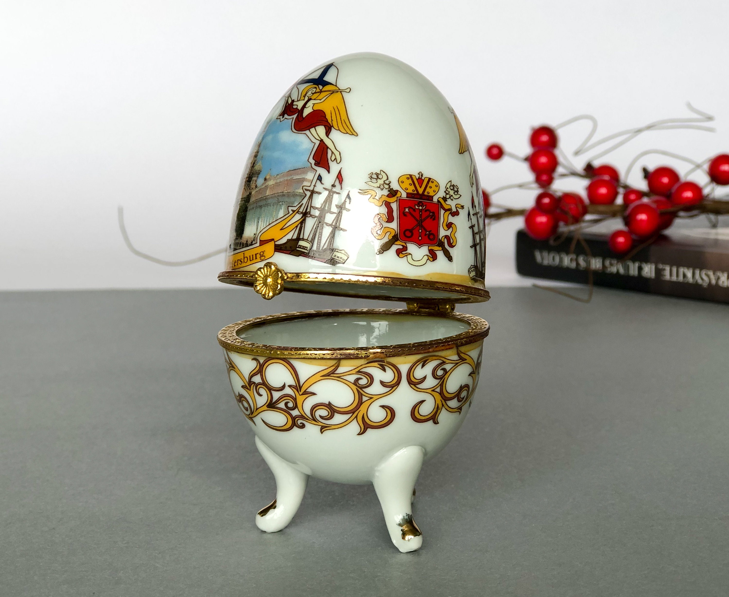 Antique Fine Bone China Porcelain Jewelry Box ACKO Egg Trinket Box