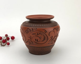 Hand carved brown ceramic vintage vase