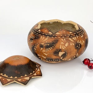 Original vintage hand carved hardened fruit box made in Peru