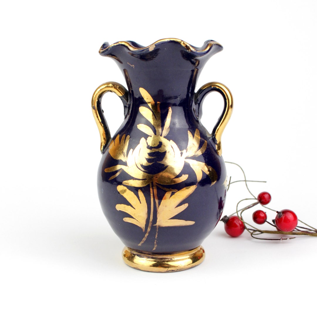 Beautiful Vintage Cobalt Blue and Gilding Hand Pointing Vase Limoge