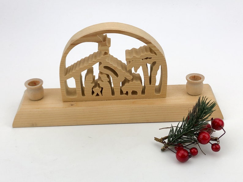 Vintage wood creche figurine with candle holders
